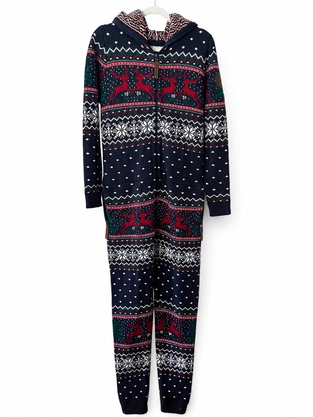 NWT Onepiece Unisex Navy Red White Reindeer Hooded Onesie Size Small